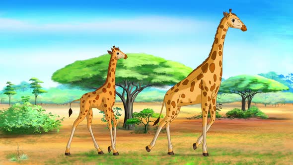 African giraffes in savannah animation