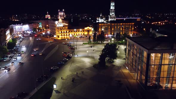 Night Kharkiv city center square, aerial Ukraine