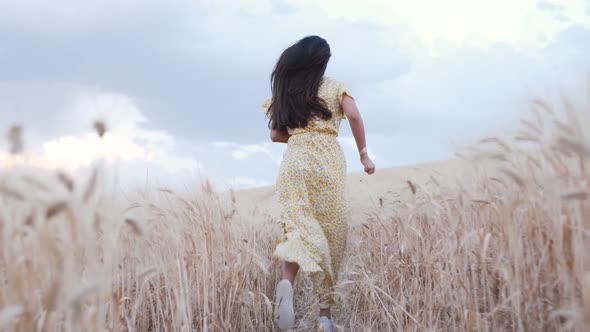 Back view of a carefree woman enjoying nature while running through a wheat field. alt