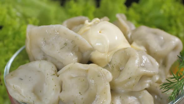 Dumpling Dish with Meat and Sour Cream in a Glass Plate