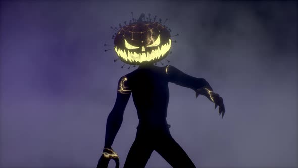 Scary Monster with a Pumpkin Head Walks in the