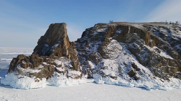 Rock Covered with Ice at Baikal Lake in Russia in Winter