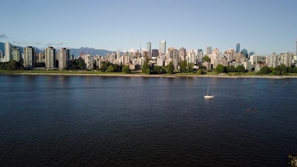 Calm Blue Ocean With Downtown Skyline And English Bay Beach In Vancouver, British Columbia, Canada A alt