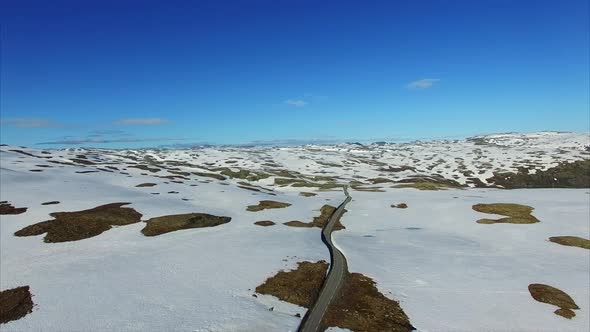 Aerial view of scenic route Aurlandsfjellet in Norway. alt
