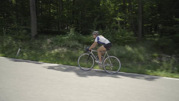 Woman Cycling on Street Through Forest