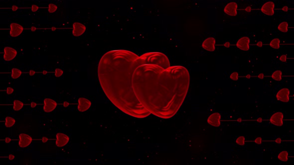 Romantic 3d Background With Red Hearts And Shiny Particles