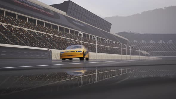 High speed racing car driving and drifting around wet asphalt racing track. 4k alt