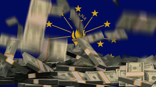 US Dollars Falling in front of Indiana State Flag alt