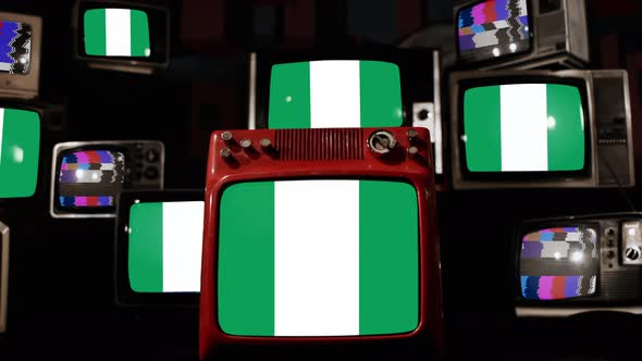 Nigeria National Flag and Retro Televisions. 4K.