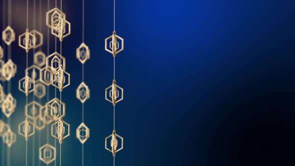 Golden Geometric Hexa Shapes Dangling on Blue Background