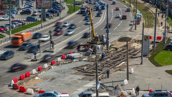 Installing Concrete Plates By Crane at Road Construction Site Timelapse. alt