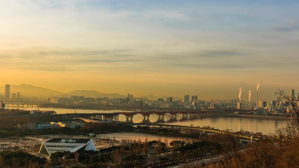Sunrise of Seoul City Skyline and Han river  in Seoul  South Korea 