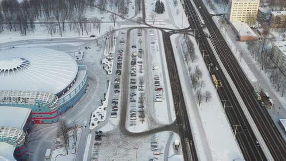 Top View in Winter of a Modern Sports Complex with Parking in Minsk and Prospekt alt