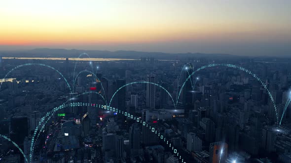smart Connected city skyline. Futuristic network concept, city Technology. alt