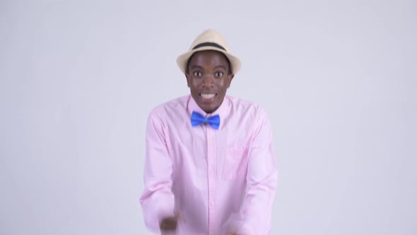 Young Happy African Tourist Man Getting Good News alt