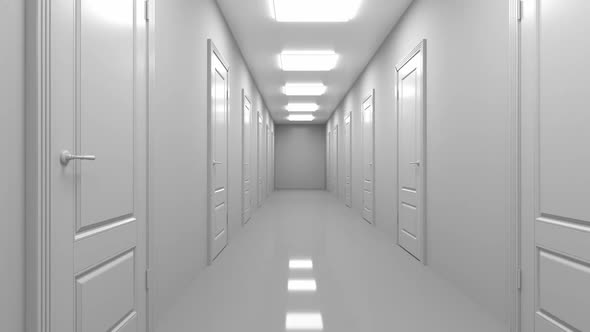 Many doors in the white corridor and one opened