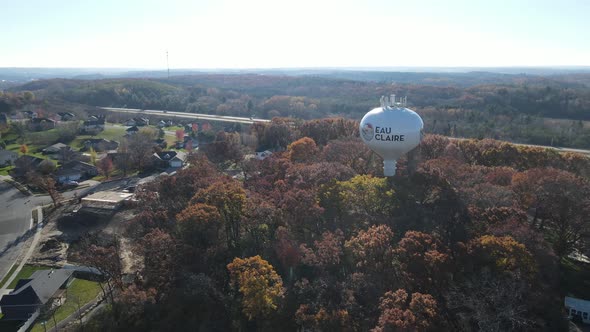 Aerial view of Eau Claire, Wisconsin, water tower and surrounding area.