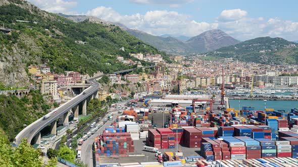 Panoramic view on the Salerno Port and the Container Terminal with the city on the background. alt