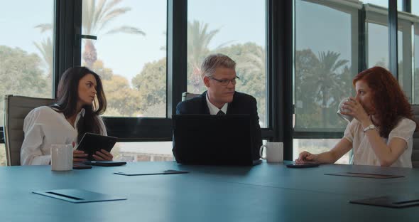 Group of three business people meeting in an office to work on a project. Slow motion alt