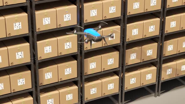 Warehouse drone scanning QR codes on the cardboard boxes in a metal shelf.