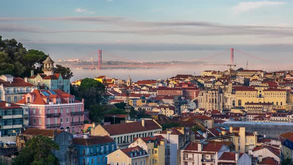 Timelapse Footage Lisbon Portugal Morning Sun Rays Light Up Downtown Fog Going Up Tagus River and