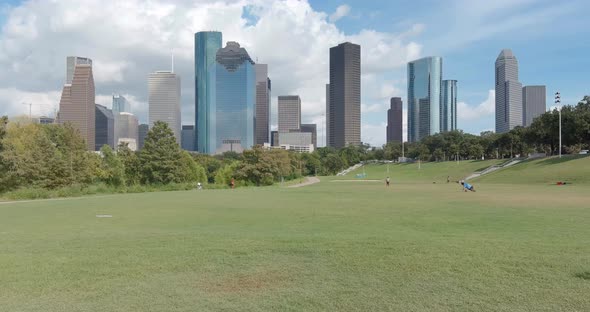Low angle drone view of downtown Houston skyline.  This video was filmed in 6k and downscaled to 4k alt