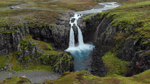 Iceland Waterfall Nature Travel Landscape in Icelandic Nature Background, Top View alt