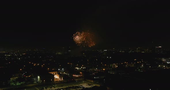 Aerial of Houston 4th of July fireworks at night alt