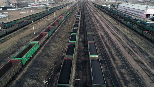 Fly Over Railcars Full of Coal and Waiting in Line for Loading