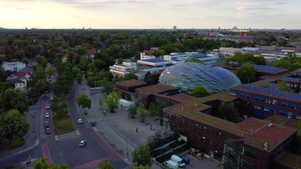 Philological library FU Berlin.Perfect aerial view flight panorama overview drone footage of Freie alt