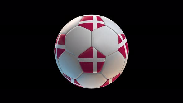 Soccer ball with flag Denmark, on black background loop alpha