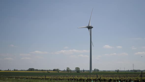 Wind turbine in operation on a sunny blue sky background in a rural environment. Wide shot. 4K video