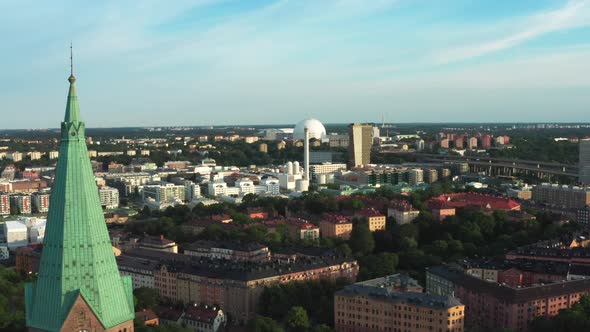 Panoramic aerial flying drone view of Södermalm, Stockholm, Sweden