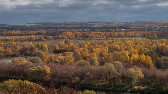 Aerial view of a valley of autumn forests colored by yellow and green