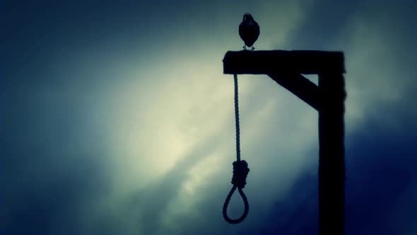 Raven Standing On A Gallows With A Swinging Noose On A Cloudy Day alt