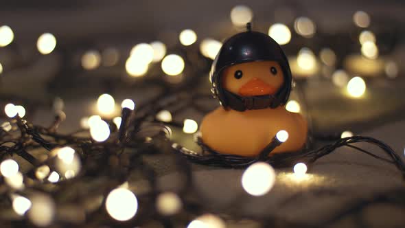 Closeup Shot of Rubber Duck in Hand Made Motorcycle Helmet on Background of Christmas Garland alt