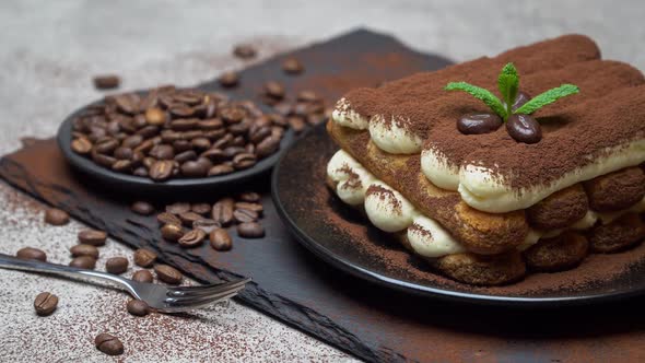 Classic Tiramisu Dessert on Ceramic Plate on Concrete Background alt