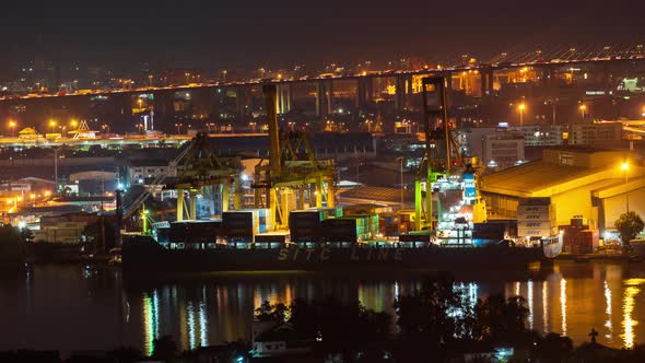 time lapse of container ships loading and unloading in Ports of Chao-phraya river in Bangkok