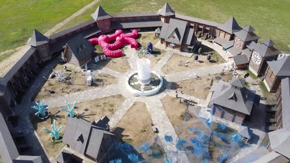 Aerial View of a Wooden Fortress, the Castle in the Park "Kudykina Gora", Lipetsk Region, Russia