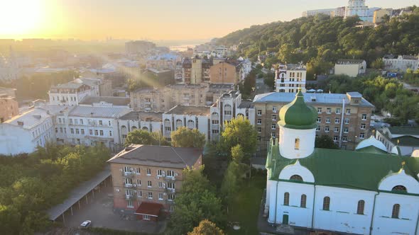 Historical District of Kyiv - Podil in the Morning at Dawn. Ukraine. Aerial View alt