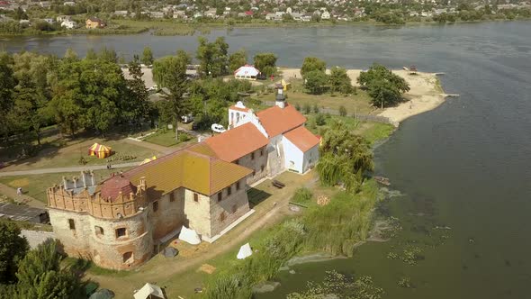 Aerial to Starokostiantyniv Castle Built at the Confluence of the Sluch and Ikopot Rivers Ukraine alt