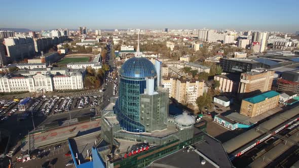Samara, Russia, October 2018. Aerial View of Train Station