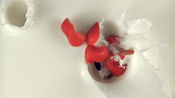 Super Slow Motion Pieces of Strawberries Fall Into the Milk alt