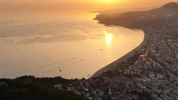 Foggy Sunset at sea aerial view 4 K Turkey Alanya alt