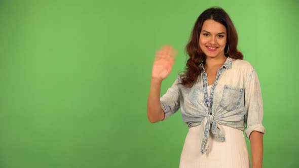 A Young Beautiful Caucasian Woman Waves at the Camera with a Smile  Green Screen Background