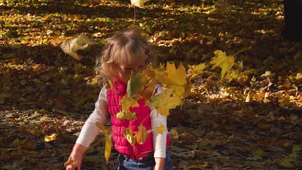 A Happy Little Girl in a Pink Vest Laughs and Tosses Up an Armful of Golden Fallen Leaves alt