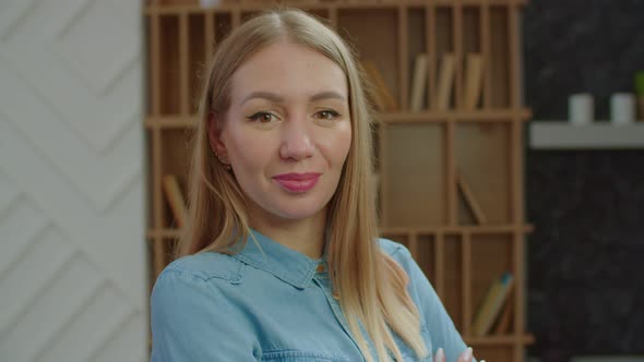 Beauty Portrait of Charming Middle Aged Woman Smiling Indoors alt