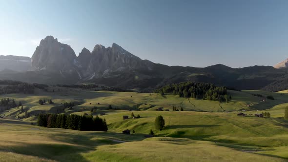 Panoramic Shot of Alpe di Suisi Alpine Meadow in Dolomites Mountains Italy