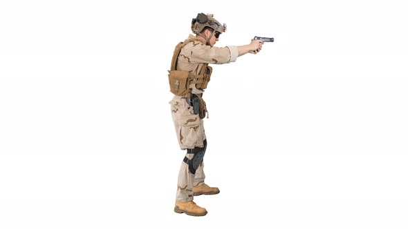 Soldier Aiming and Shooting with a Pistol on White Background alt