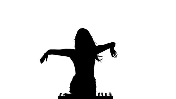 Girl DJ Dances and Raises His Hands and To Clap. Silhouette alt